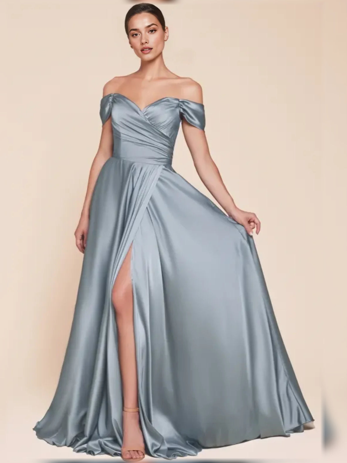 Dusty blue satin A-line dress with off-shoulder neckline and side slit