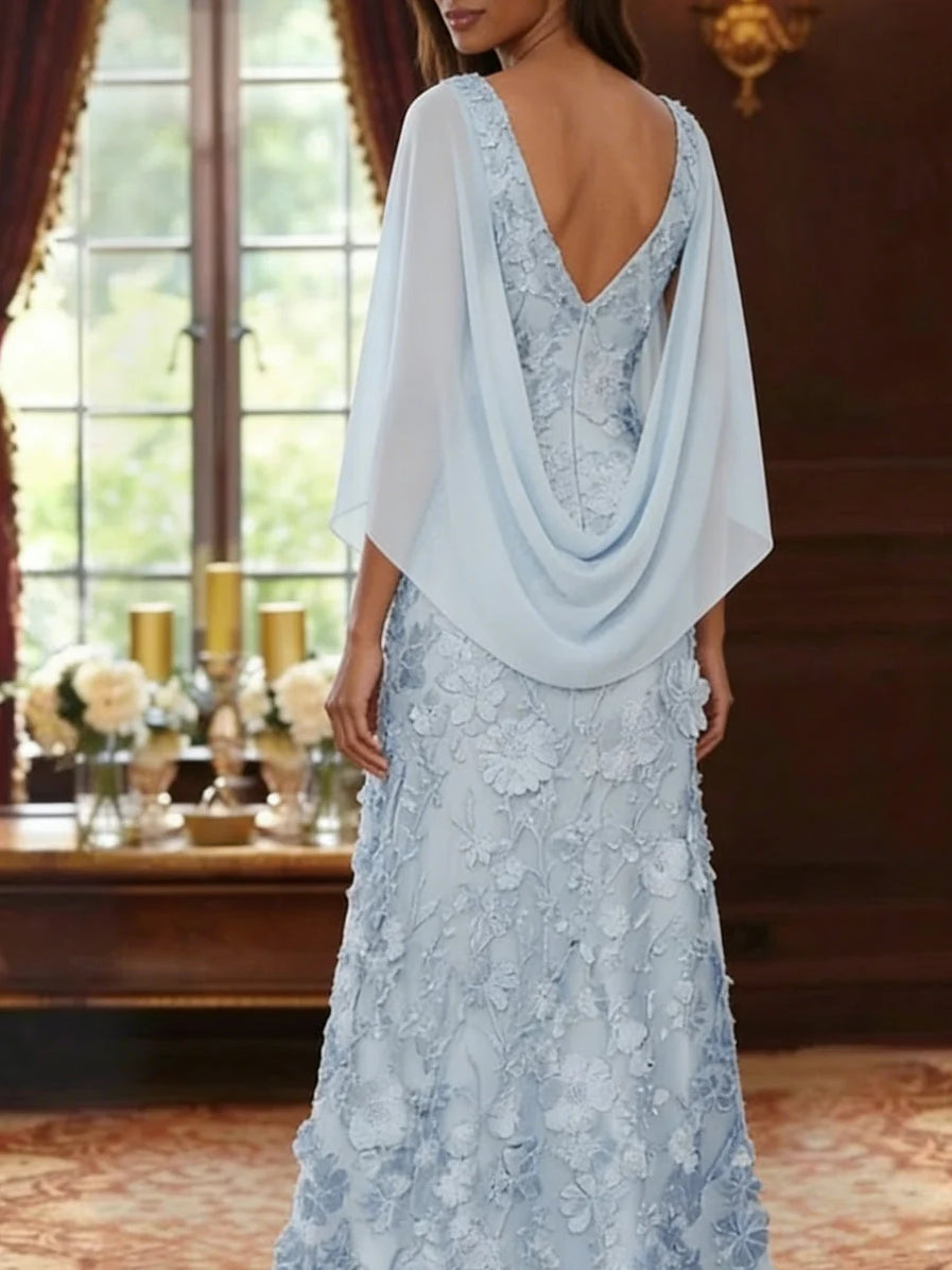 Sky blue lace maxi dress with V open back and draped chiffon cape sleeves