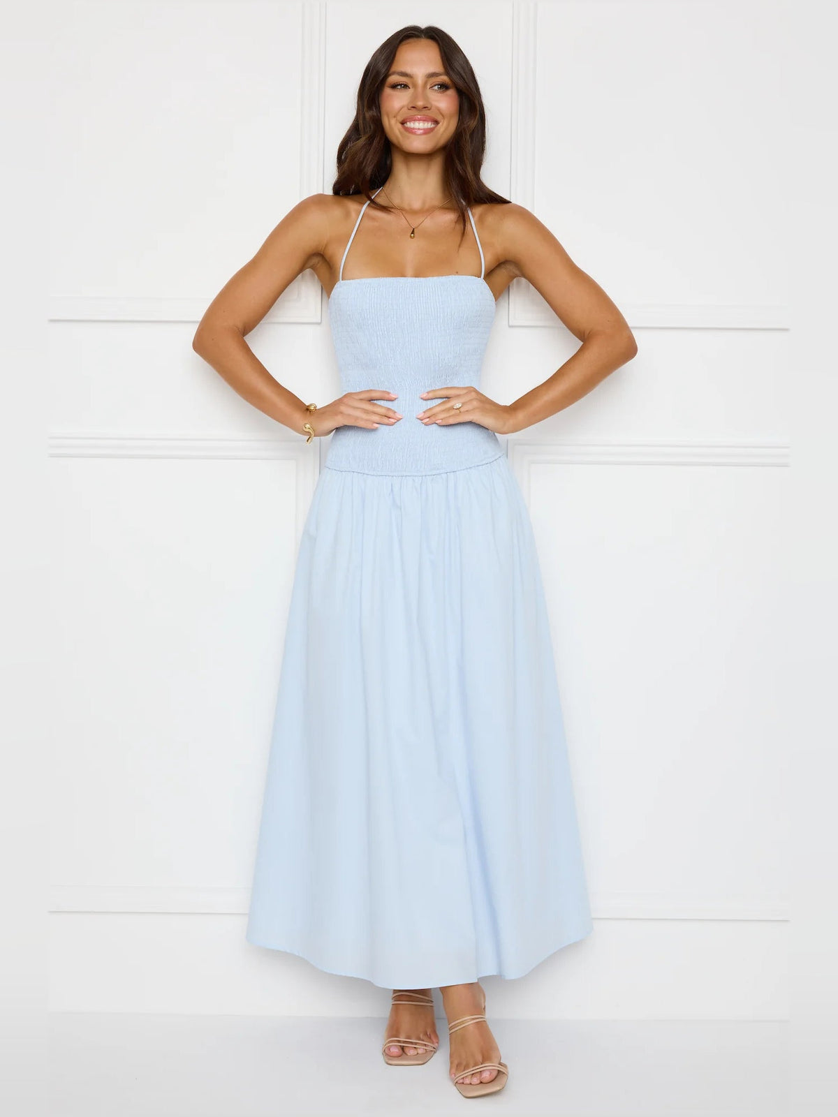 Blue a-line maxi formal dress with strapless neckline, alternate view showing the waist