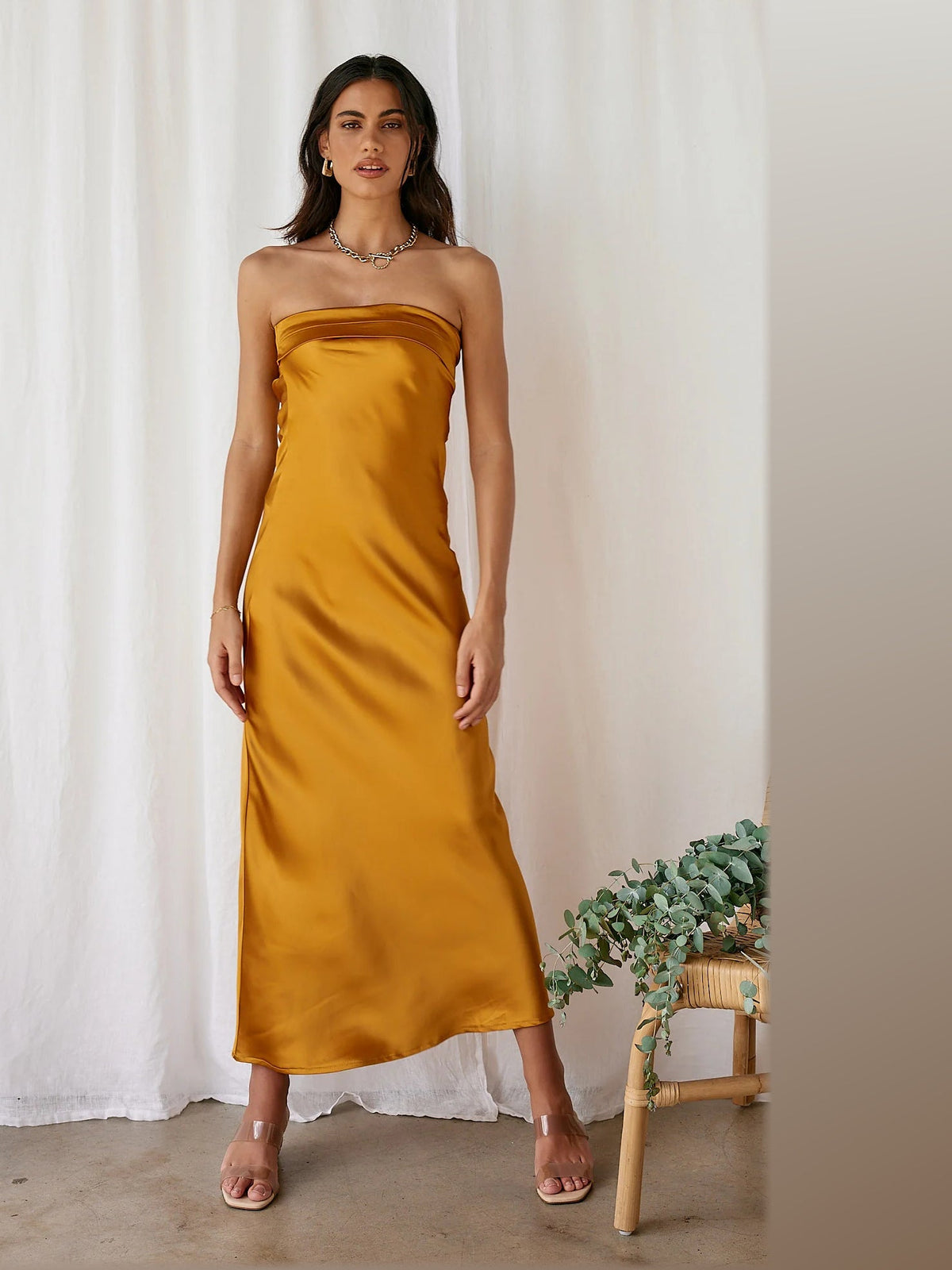 Yellow midi formal dress, alternate full-length view showing the skirt