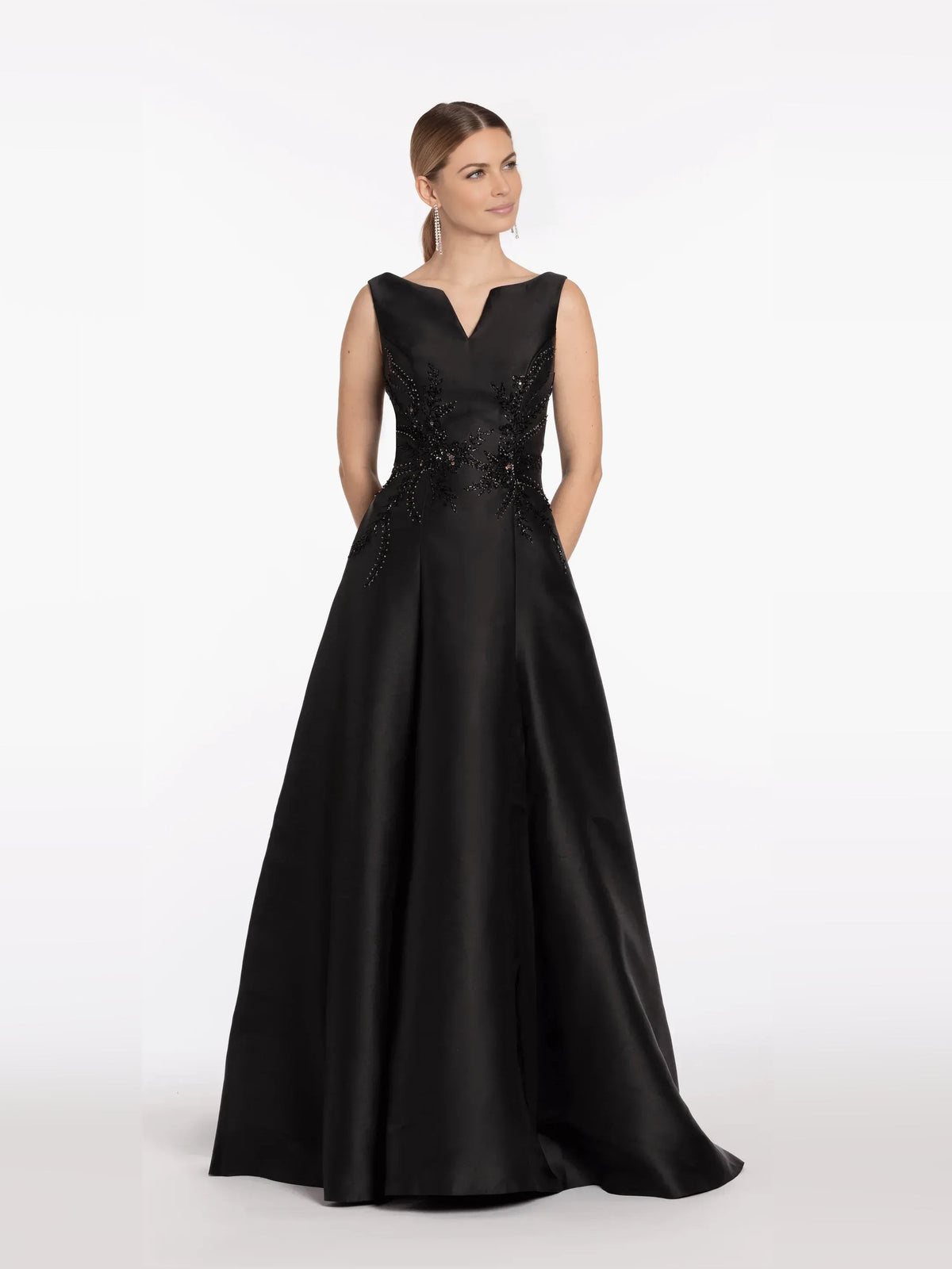 Black V-neck sleeveless formal dress with beaded center panel and flowing A-line hem