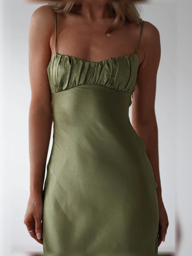 Olive satin bridesmaid dress bodice, square neckline with gathered detailing, thin straps