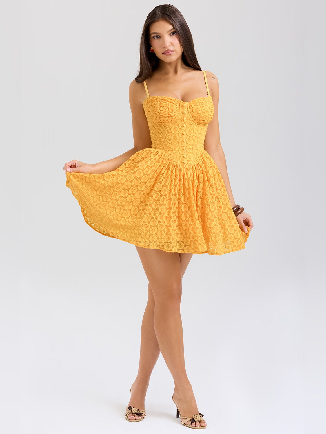 Apricot corset mini dress with sweetheart neckline, thin straps, flared skirt