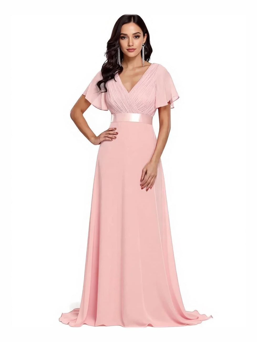Blush pink ruched corset V-neck A-line maxi dress with short flutter sleeves
