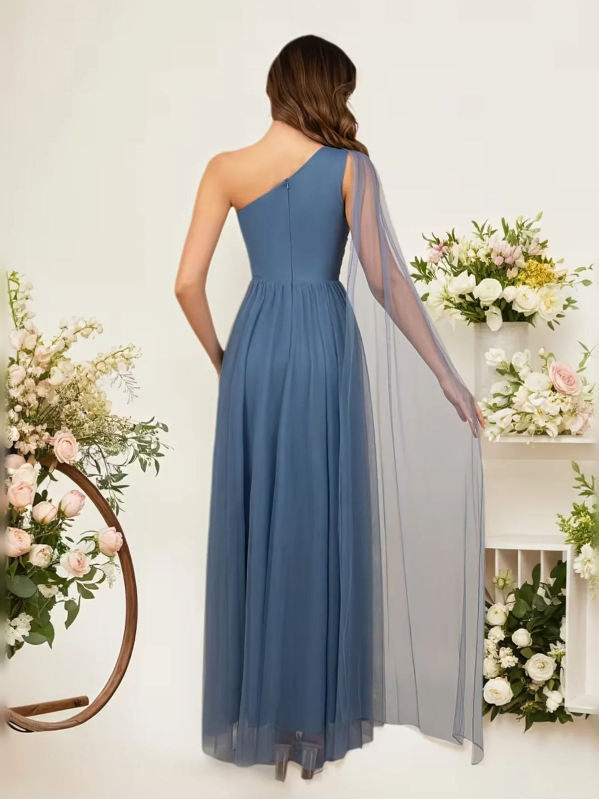 Slate blue one-shoulder A-line chiffon dress, open back with sheer drape