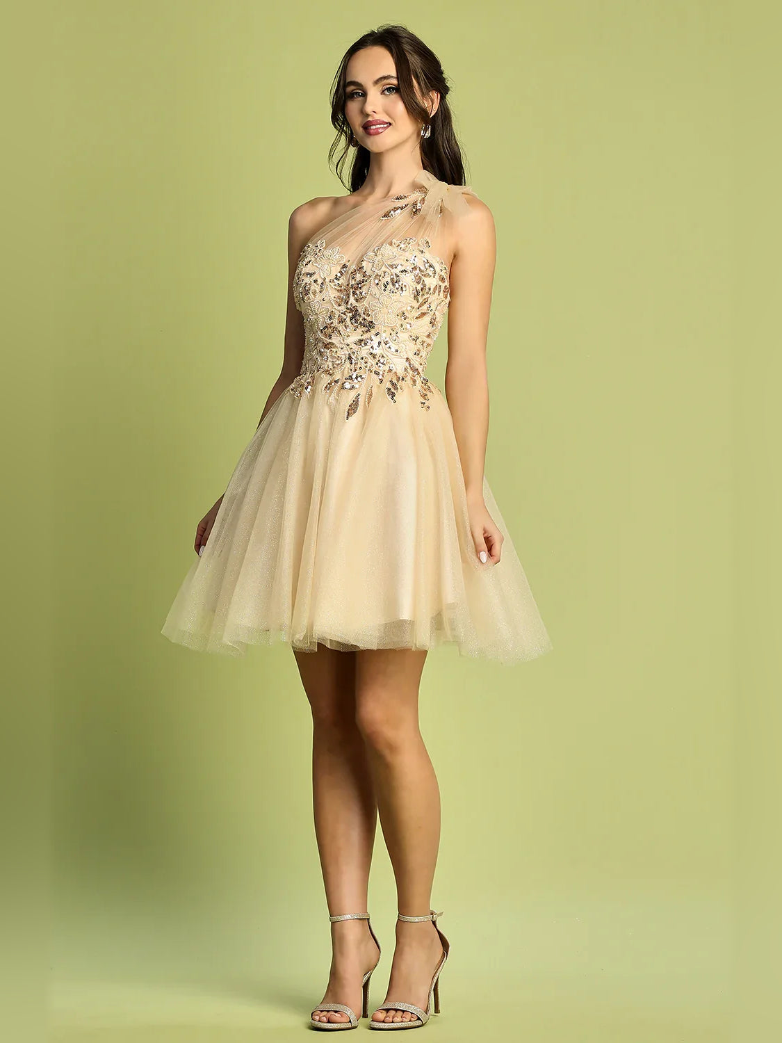 Champagne corset mini tulle homecoming dress with floral applique and layered A-line skirt