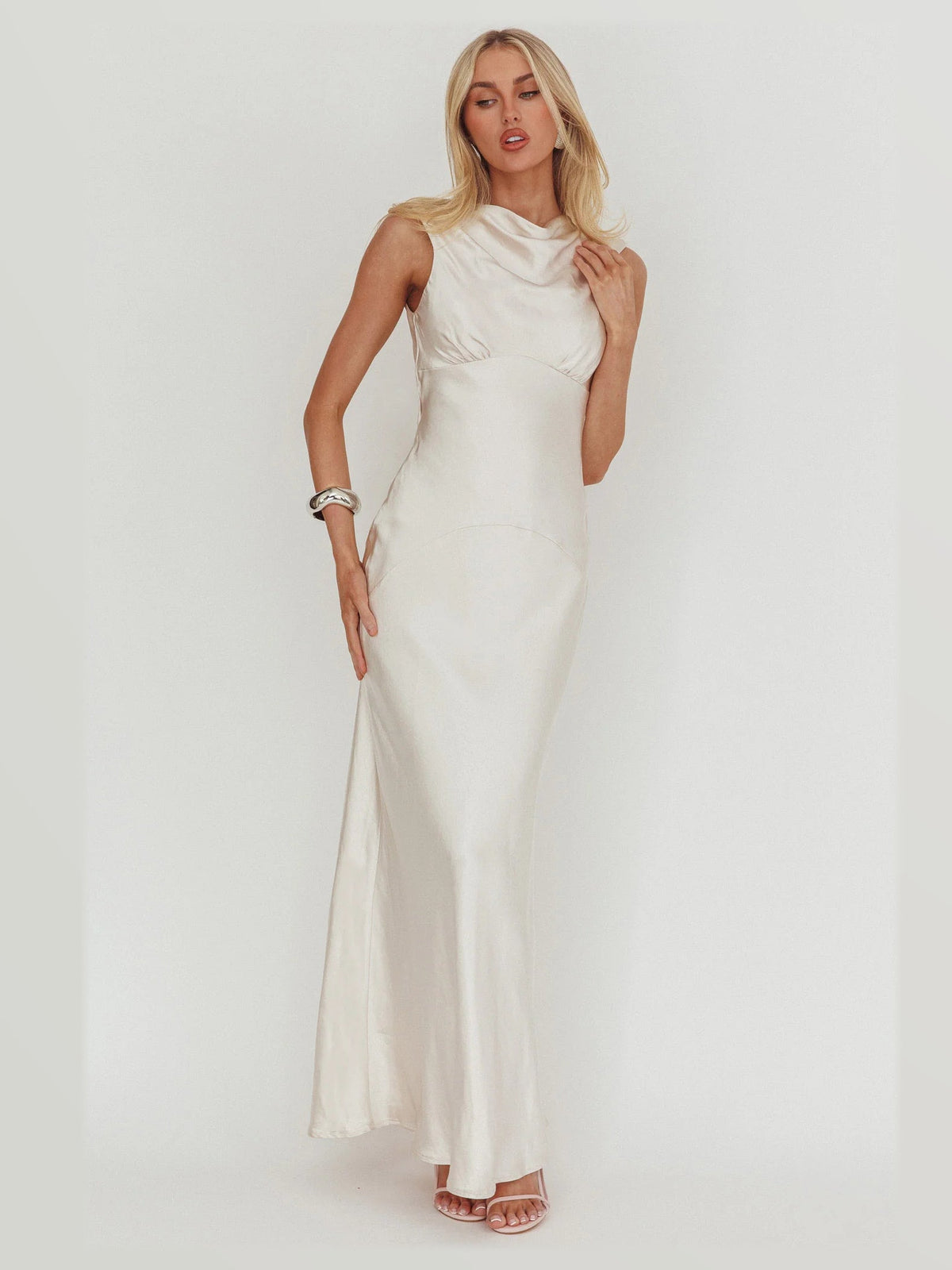 Oyster formal dress with a-line detailing