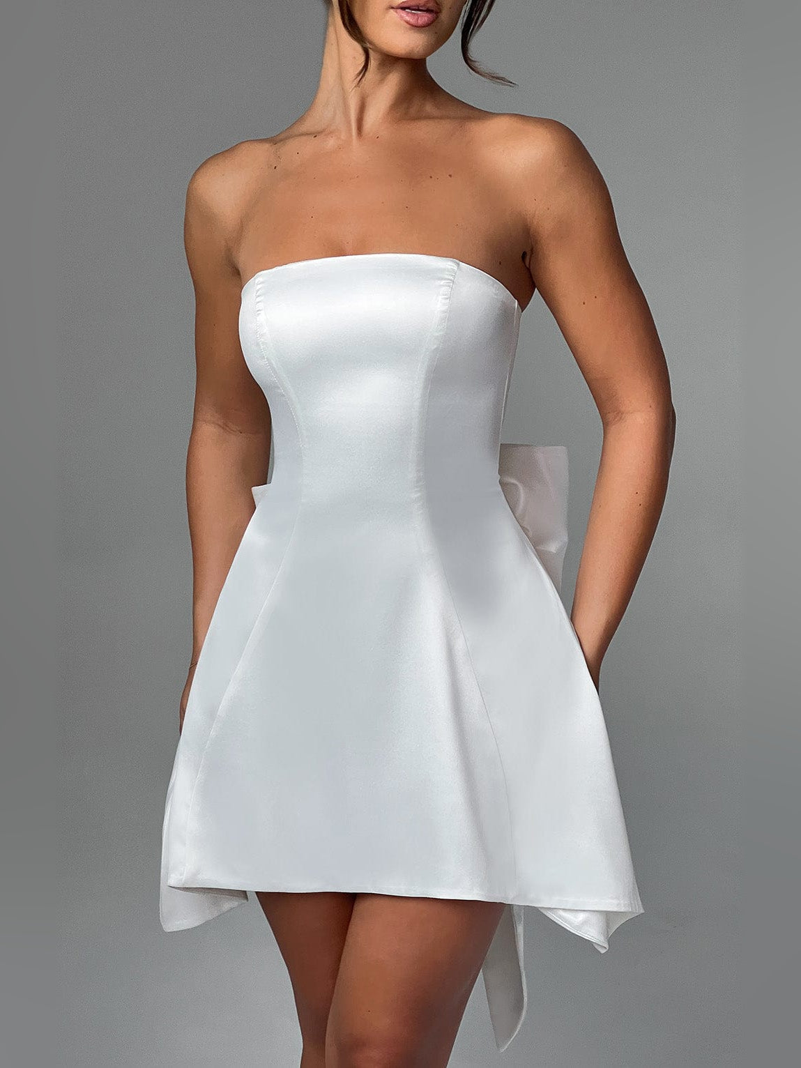 Ivory strapless A-line mini dress with structured bodice and flared skirt