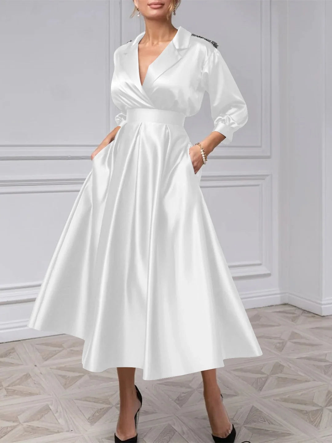 Ivory white satin midi dress with V-neck, long puff sleeves, and gathered A-line skirt