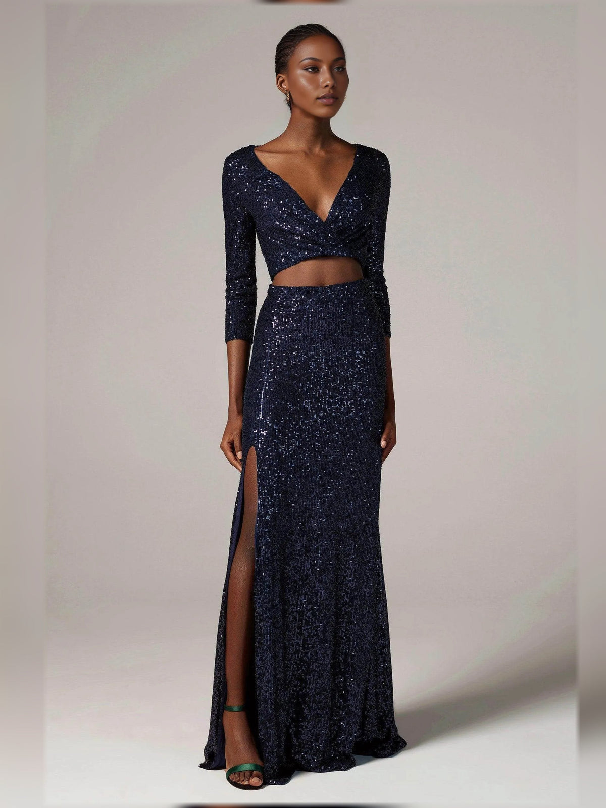 Dark navy sequin V-neck formal dress with waist cutout and thigh-high slit