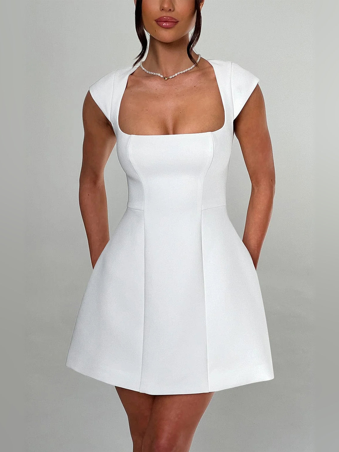 Ivory square-neck A-line mini dress with cap sleeves and flared skirt
