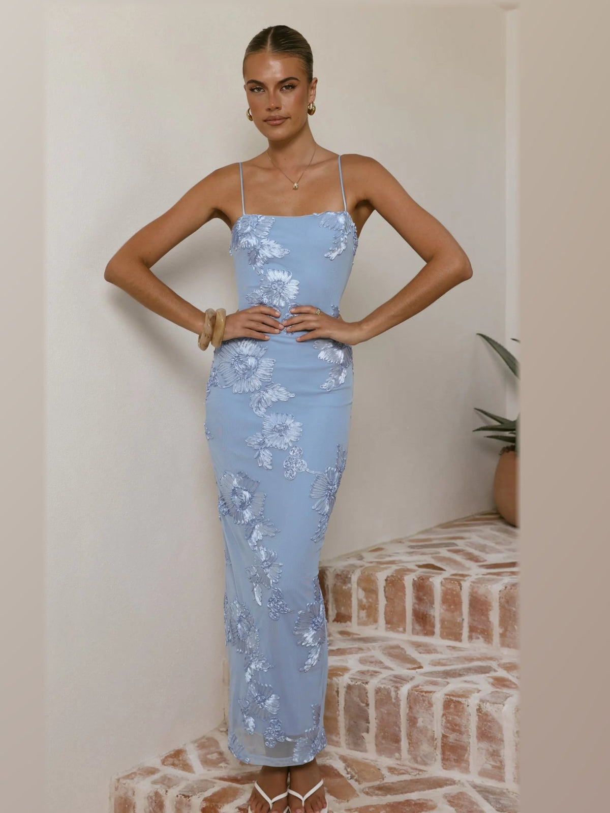 Blue maxi formal dress, alternate full-length view showing the skirt