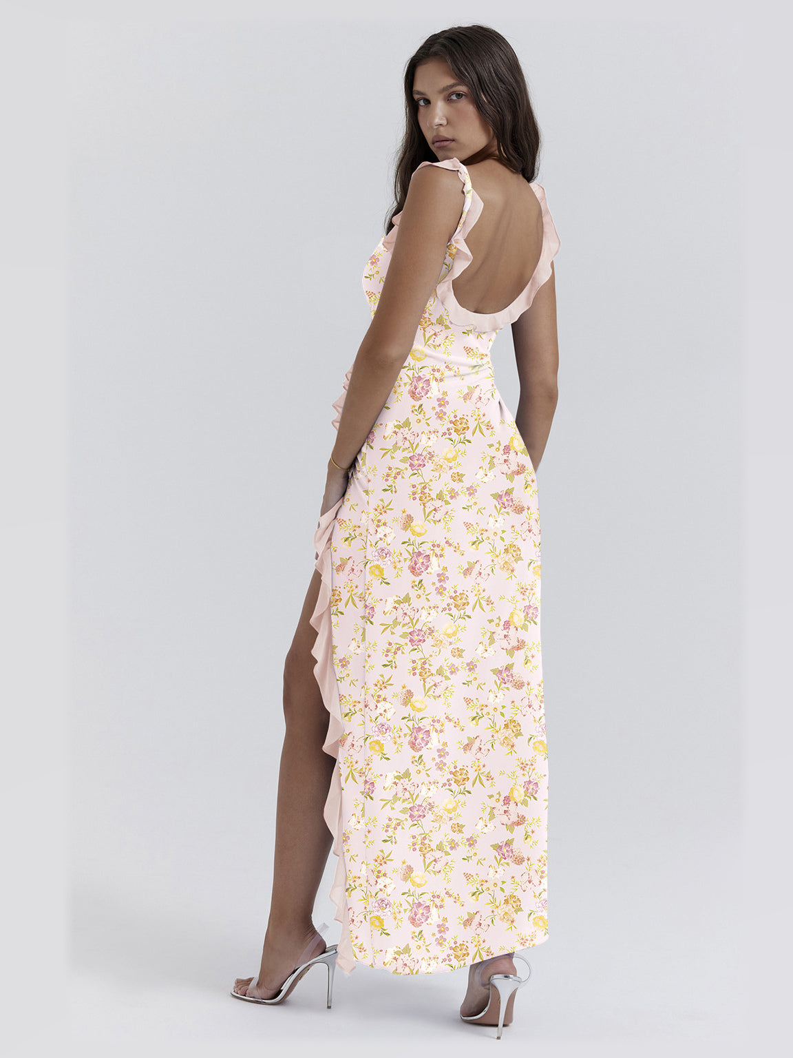 Pink maxi formal dress, alternate full-length view showing the skirt