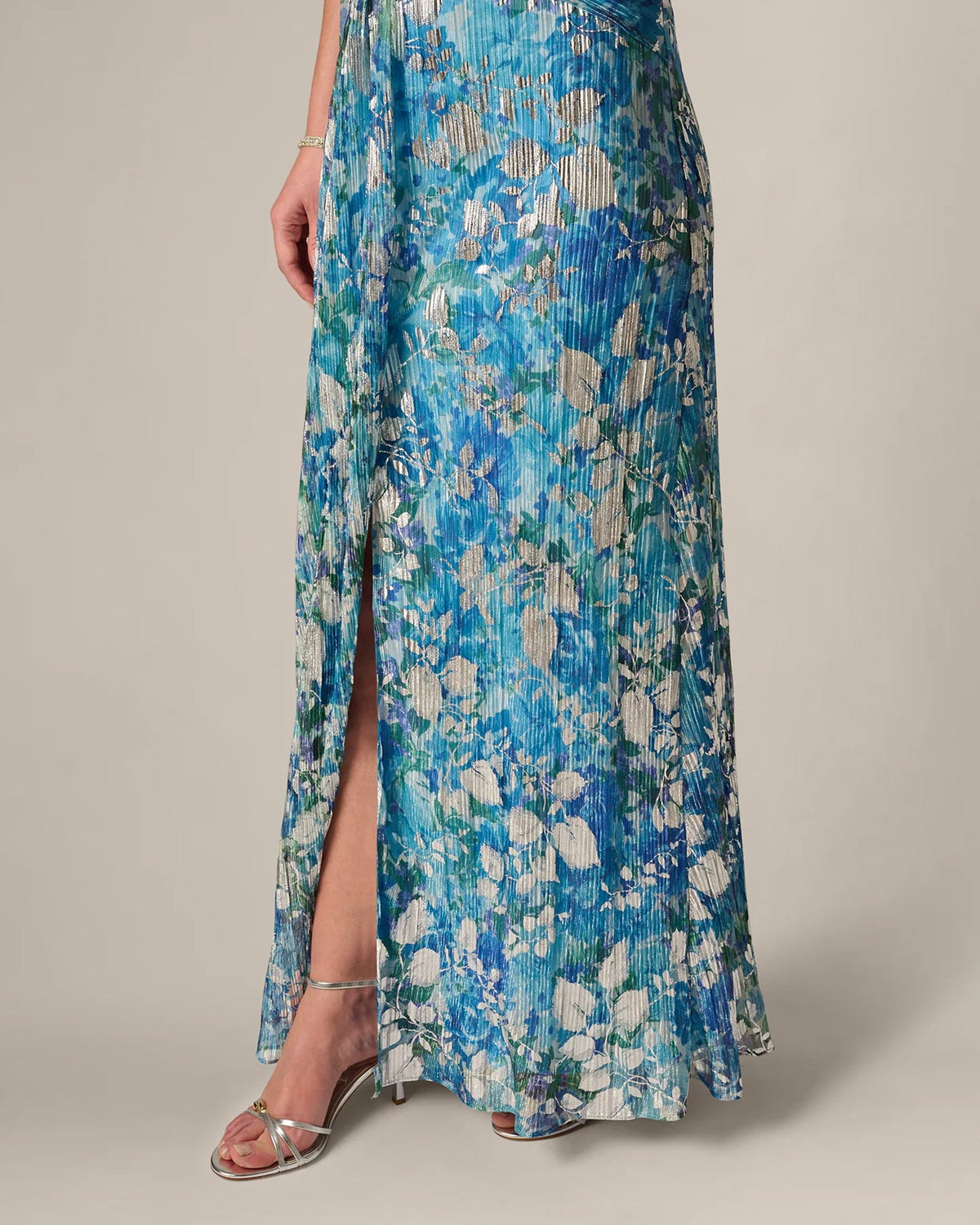 Blue floral print maxi dress with front slit and flowing A-line hem