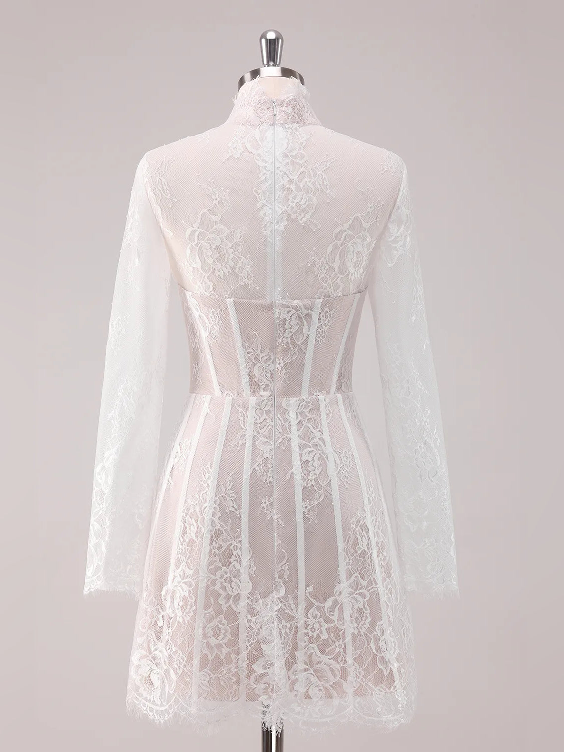 White lace corset mini dress on mannequin, back view with high neck and long sleeves