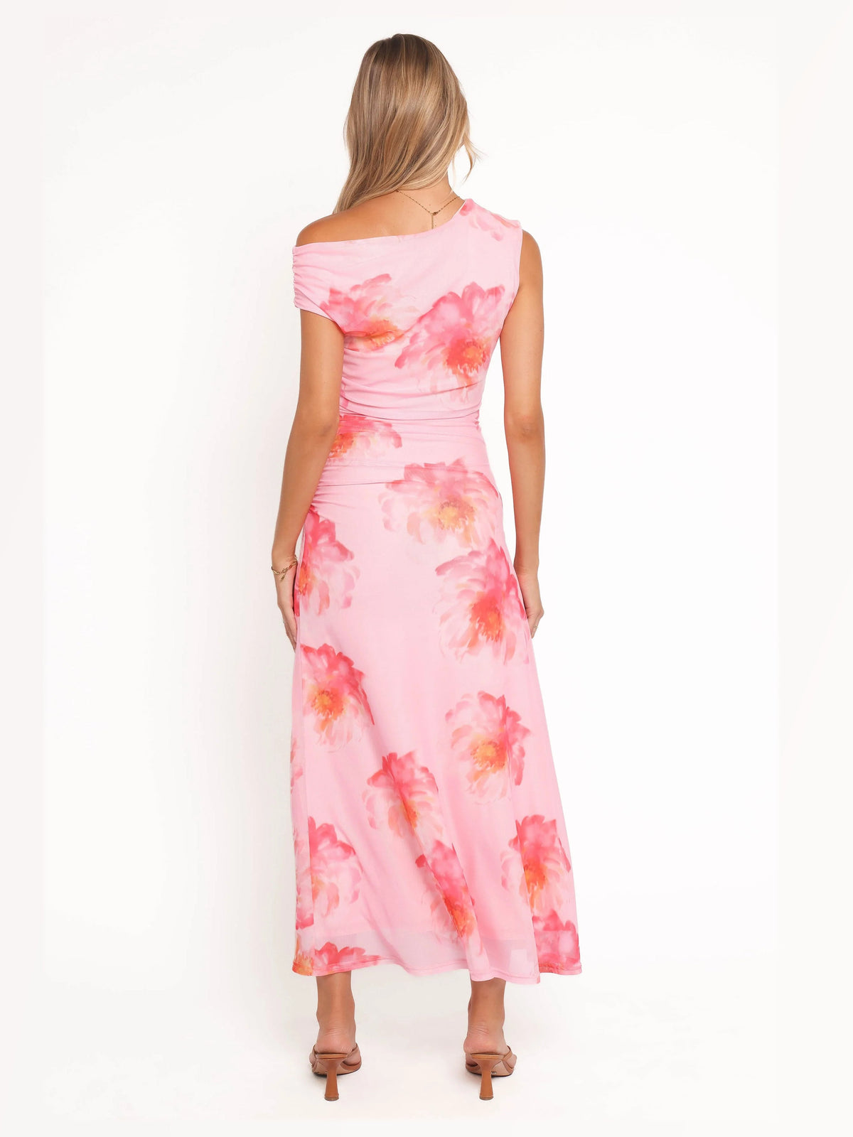 Red formal dress with a-line detailing
