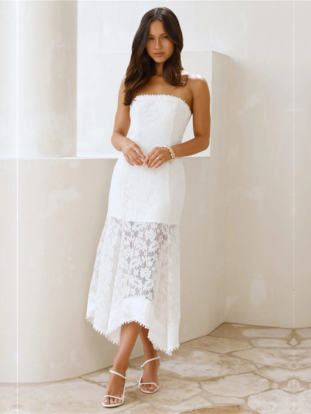 White sheath maxi formal dress with strapless neckline, alternate view showing the waist