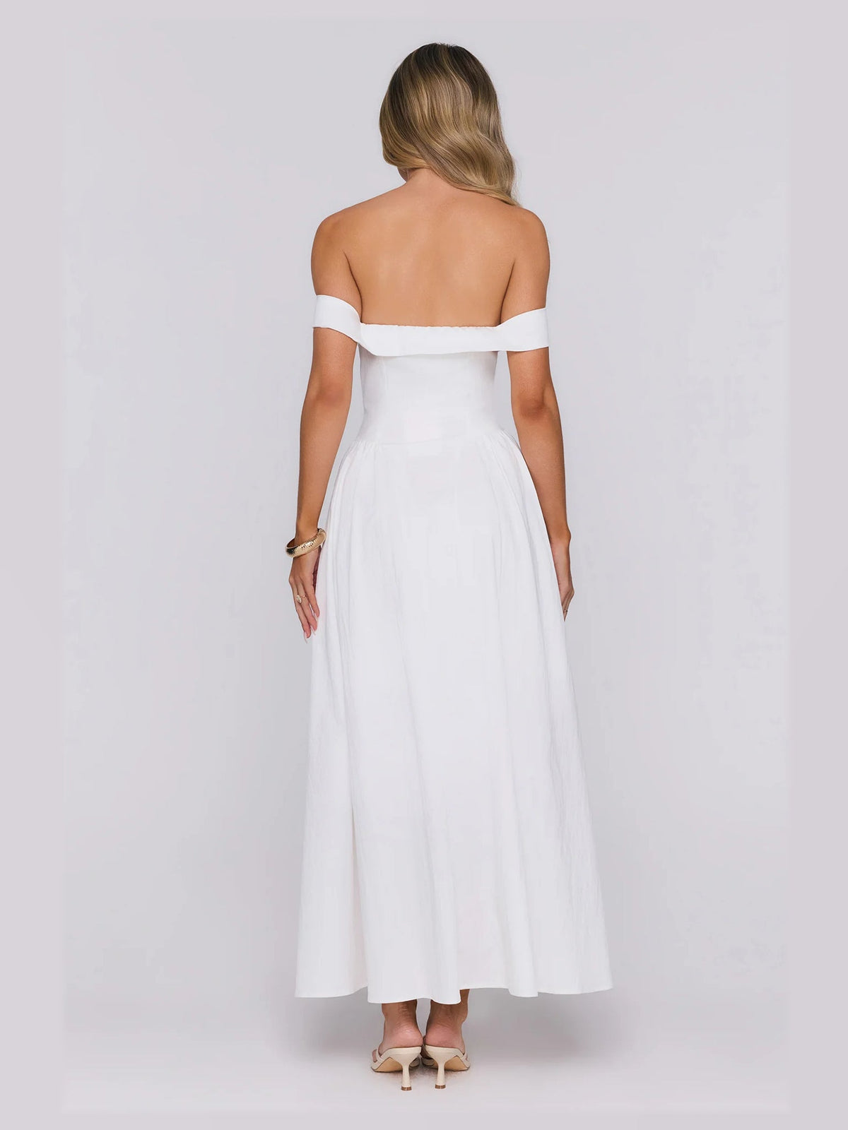 White formal dress with a-line detailing