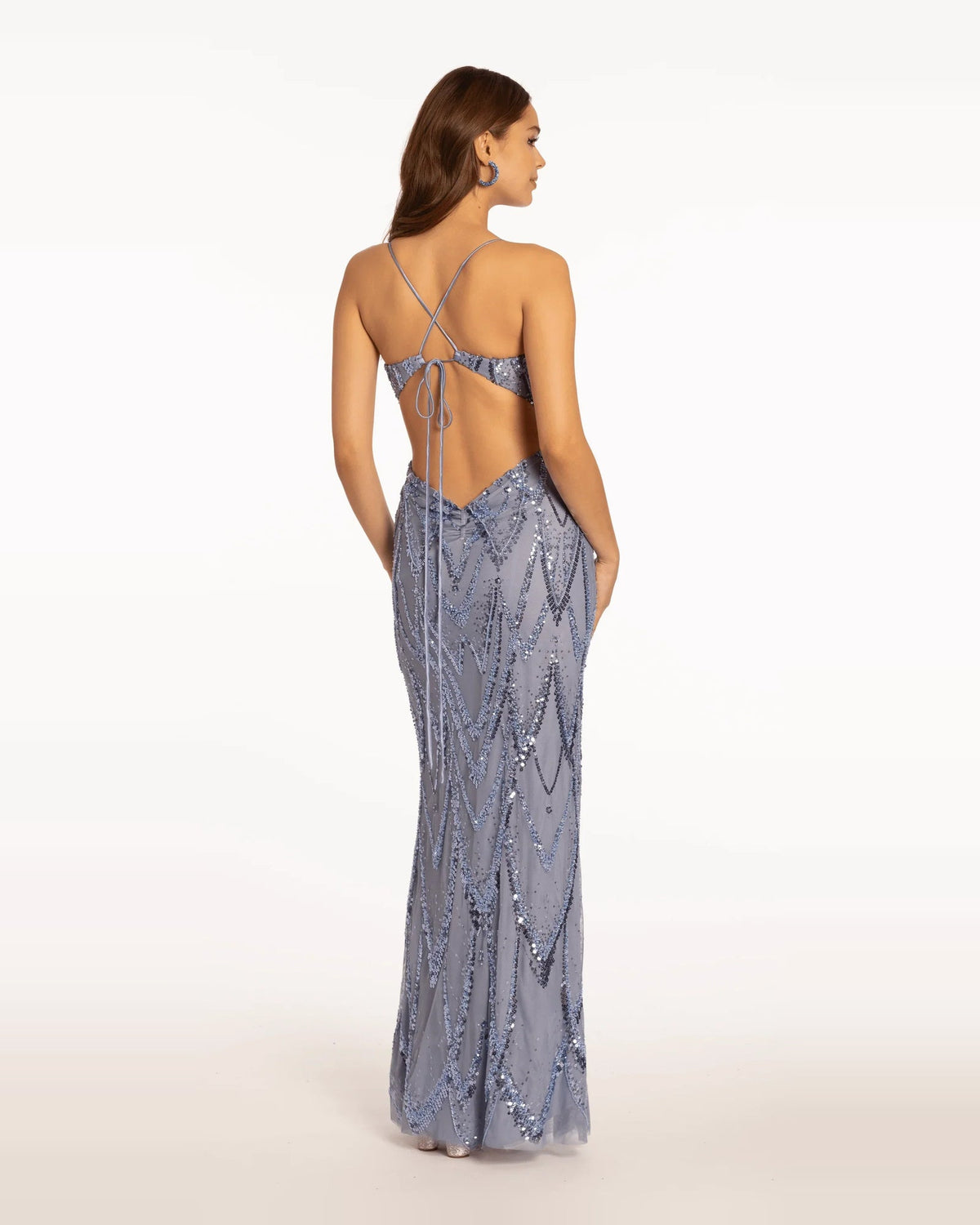 Lavender sequin column maxi prom dress with open back and thin spaghetti straps