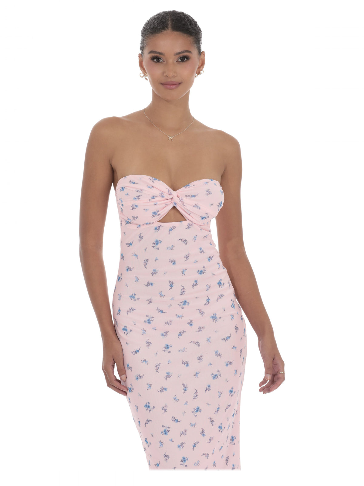 Pink strapless maxi dress with sweetheart neckline, blue floral print, bow bodice