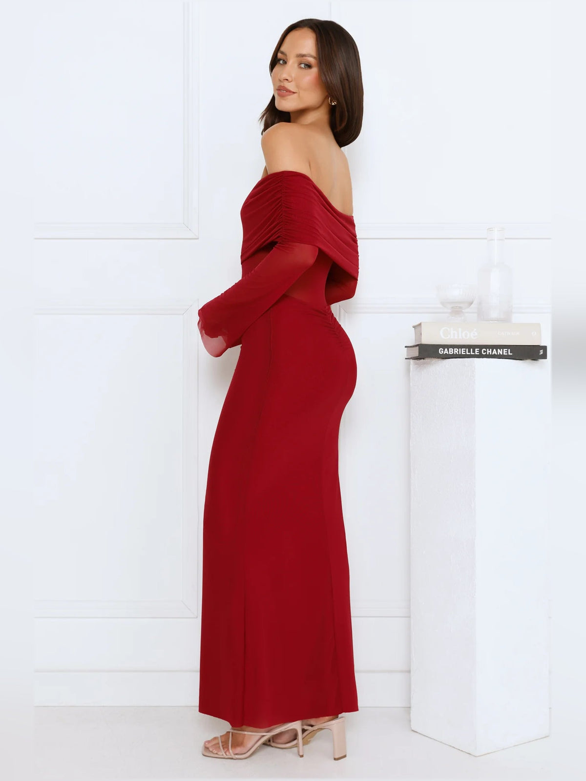 Burgundy sheath maxi formal dress with off-the-shoulder neckline, alternate view showing the waist