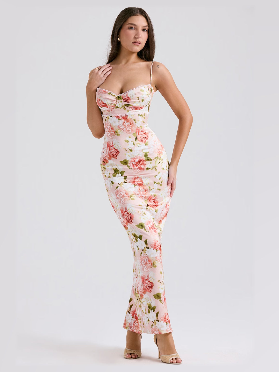Ivory Pink Floral Print maxi formal dress, alternate full-length view showing the skirt