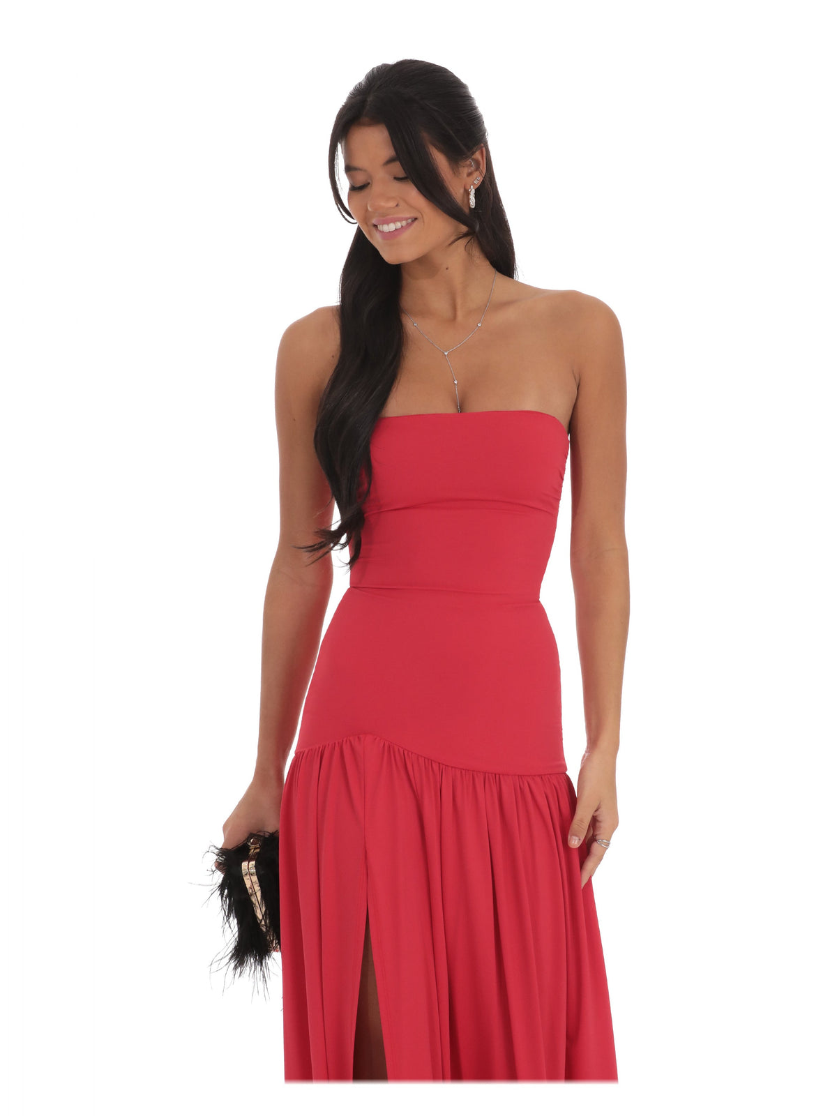 Red bridesmaid dress with drop-waist detailing