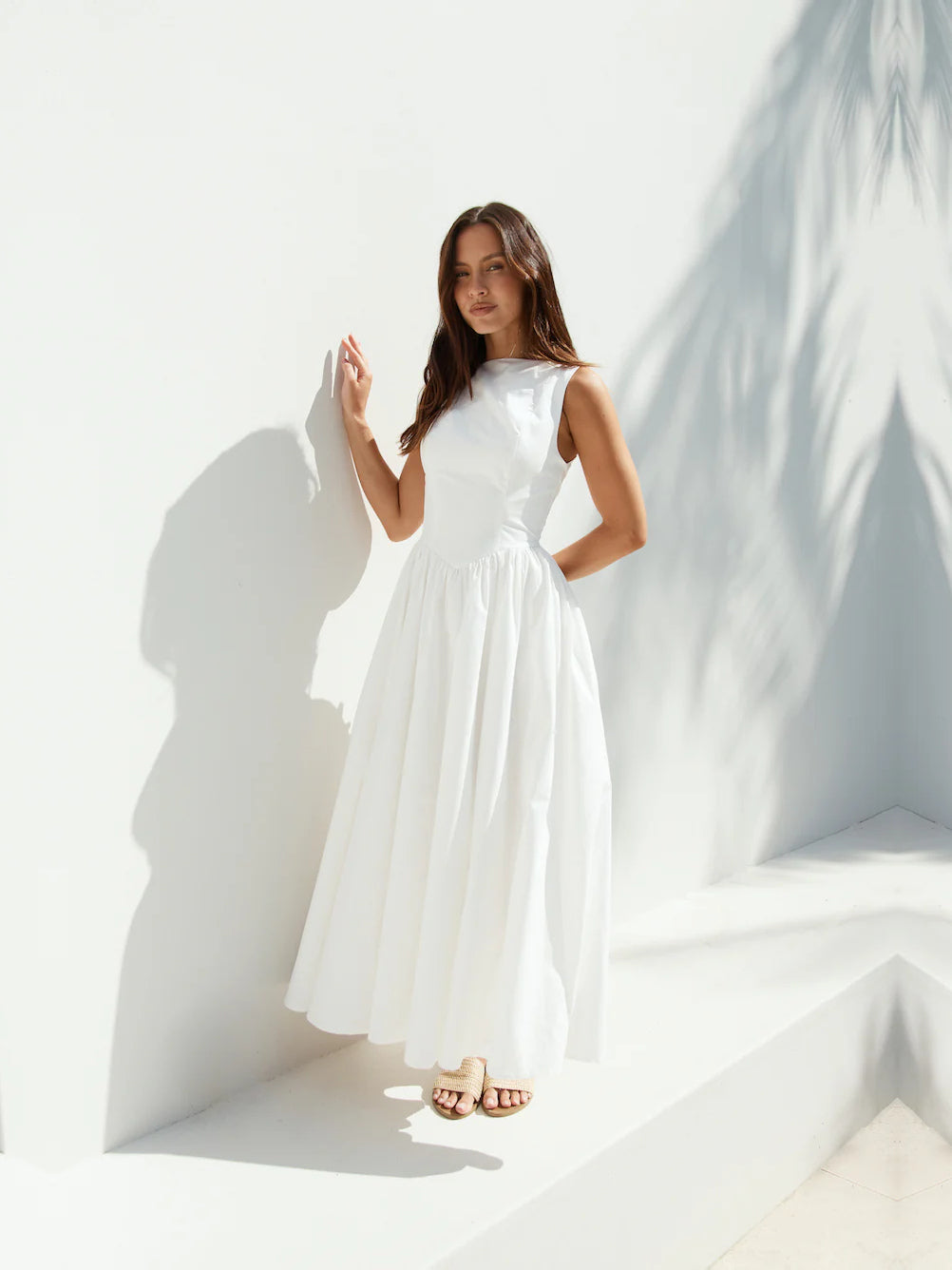 White a-line maxi formal dress with square neckline, alternate view showing the waist
