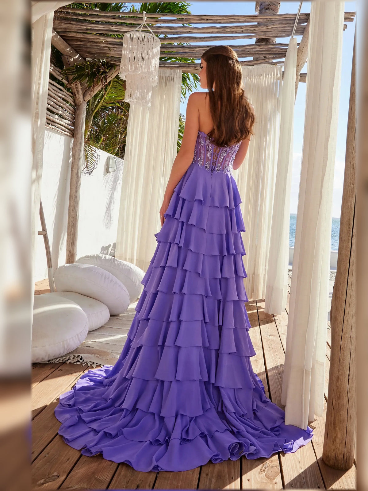 Purple A-line formal dress with tiered ruffle chiffon skirt and lace bodice
