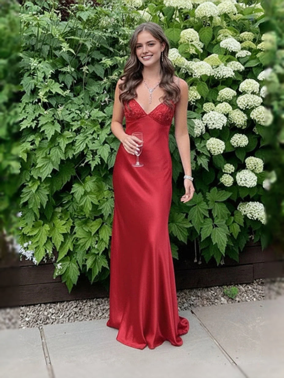 Red satin sheath prom dress, sleeveless V-neck maxi with elegant fitted fall.