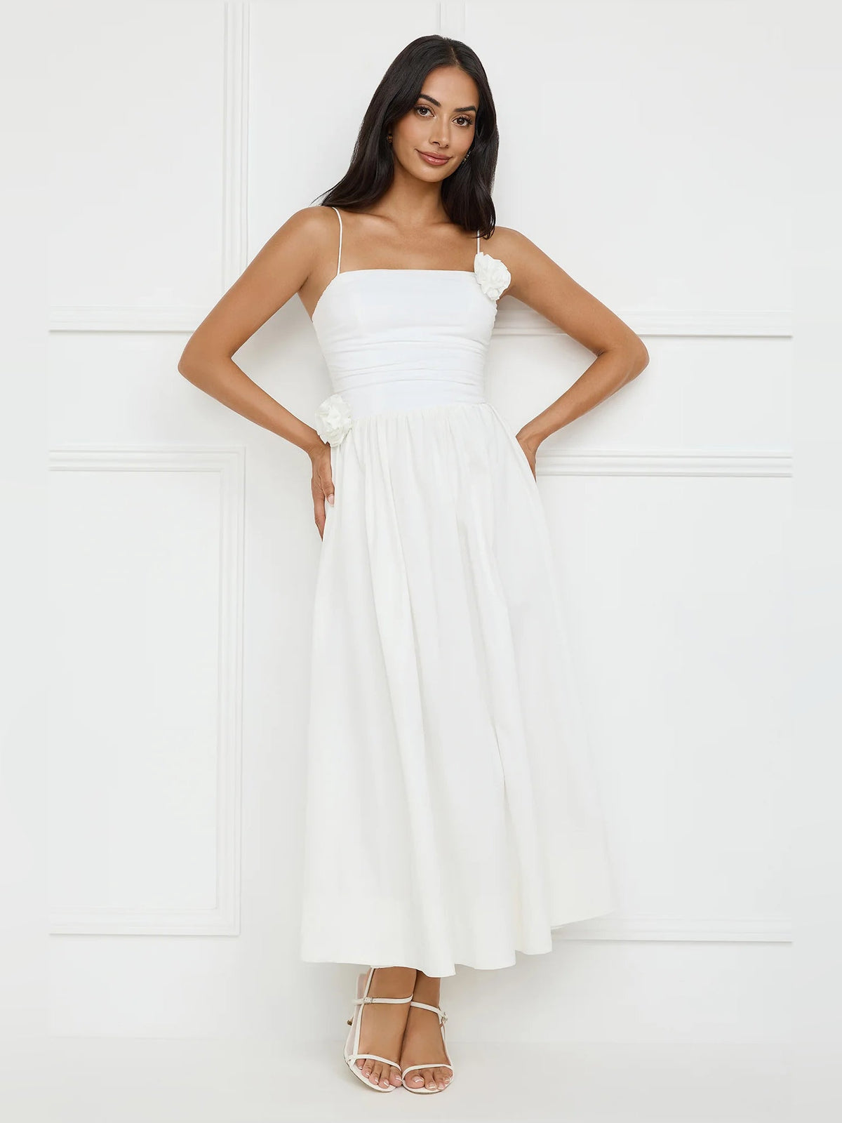 White a-line maxi formal dress with floral appliqué, alternate view showing the waist