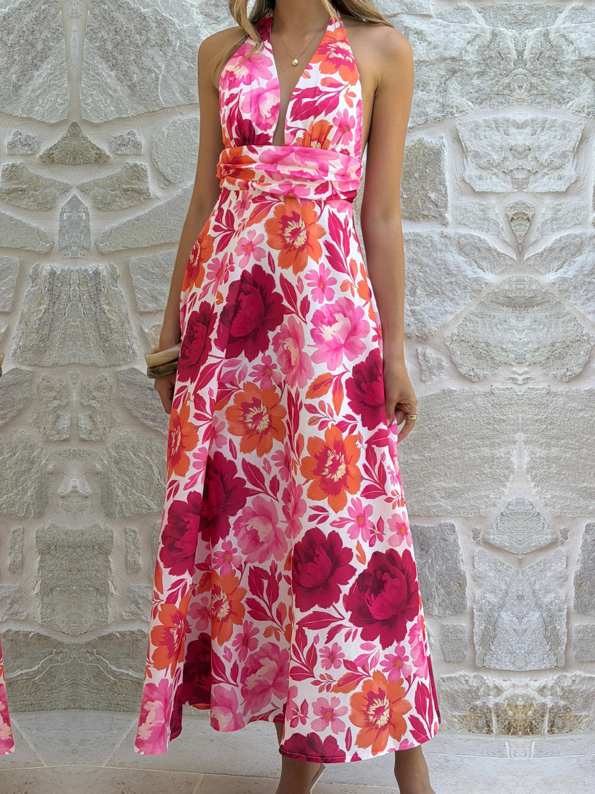 Pink Floral a-line maxi formal dress with floral print, alternate view showing the waist