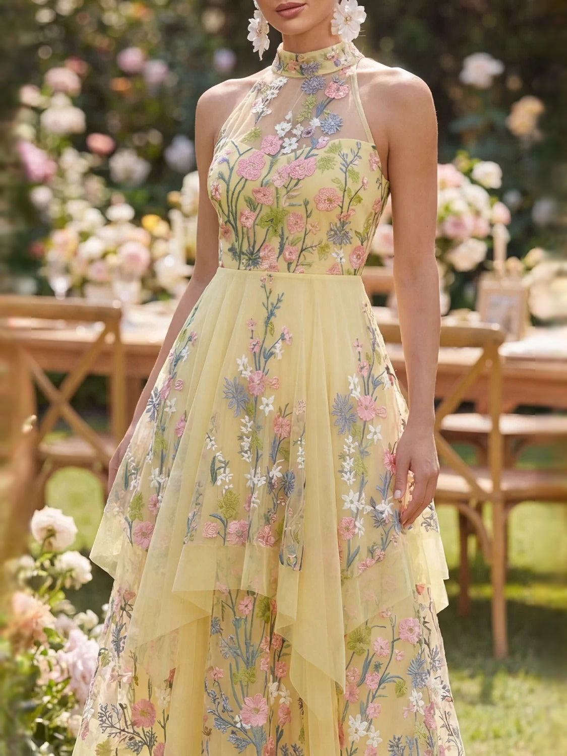 Yellow halter neck midi prom dress with floral embroidery and layered tulle skirt