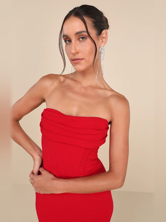 Red strapless ruched corset mini dress with straight band bodice