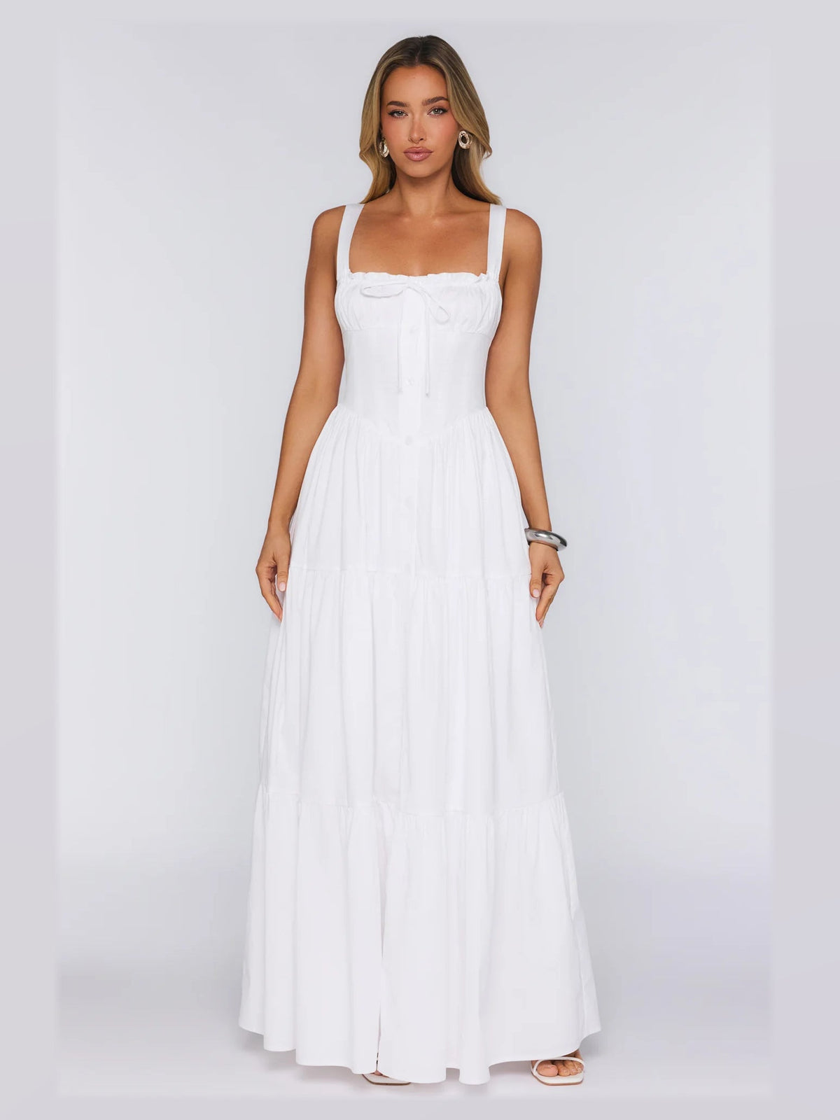 White formal dress with a-line detailing