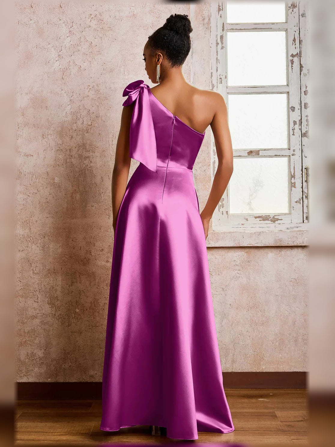 Orchid purple one-shoulder satin A-line formal dress with side slit and shoulder bow