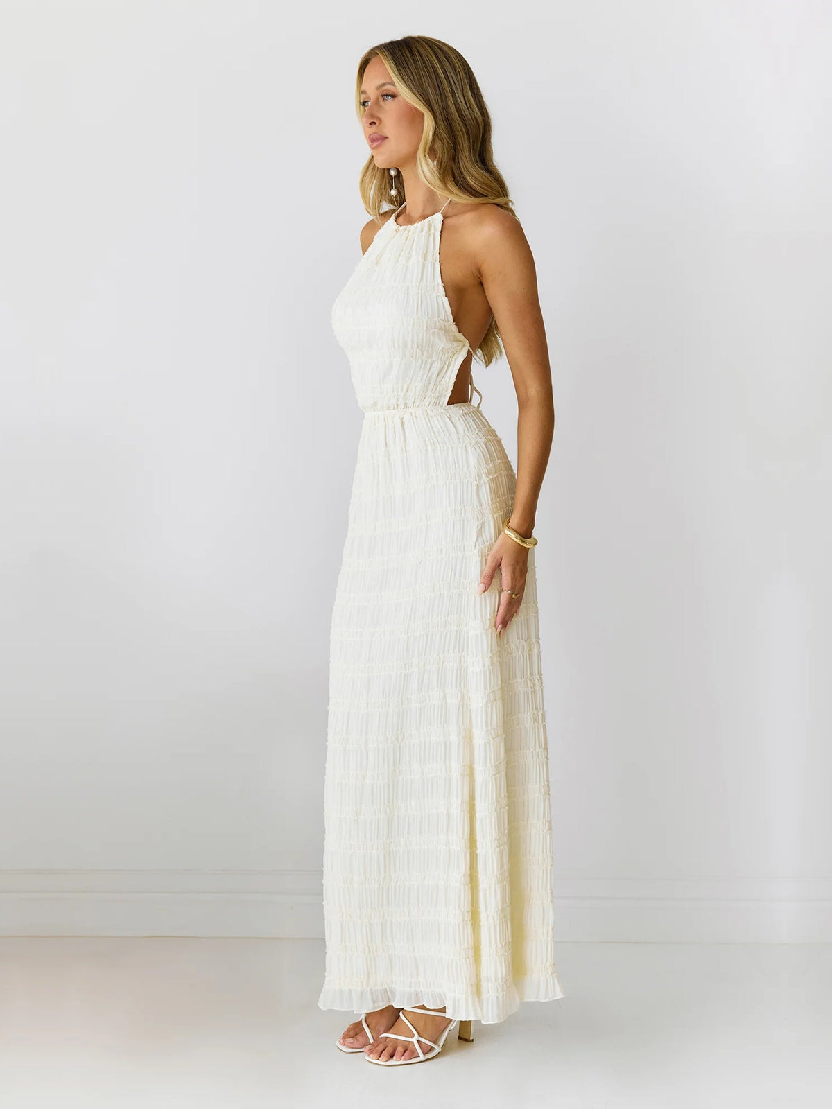 Cream a-line maxi formal dress with halter neckline, alternate view showing the waist