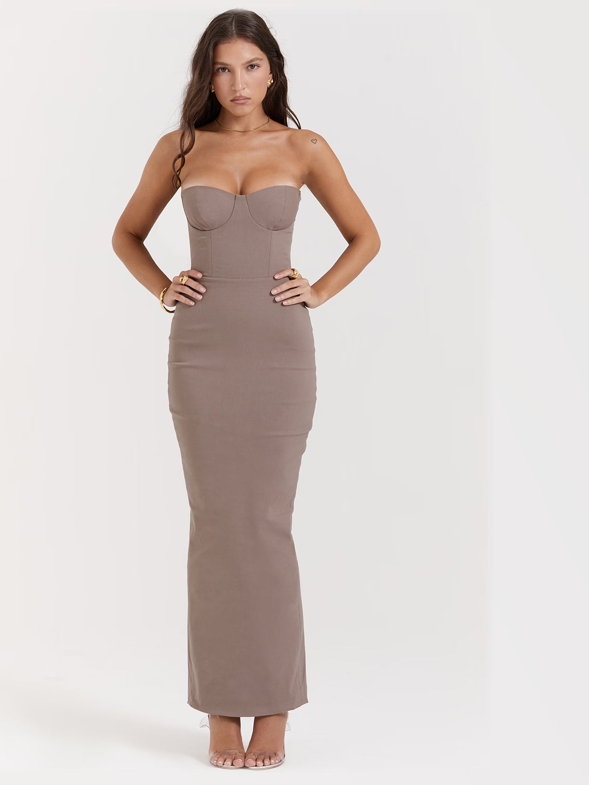 Taupe maxi formal dress, alternate full-length view showing the skirt