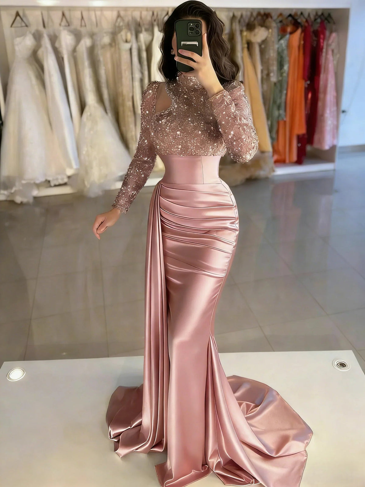Dusty rose satin mermaid dress with sparkling long sleeves and front slit