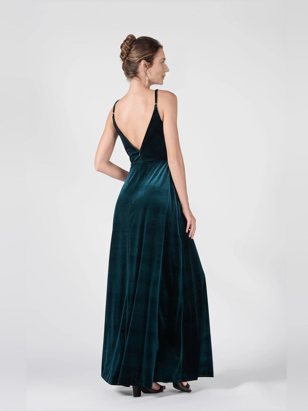 Dark green satin A-line formal dress with open back and V-neck, floor-length