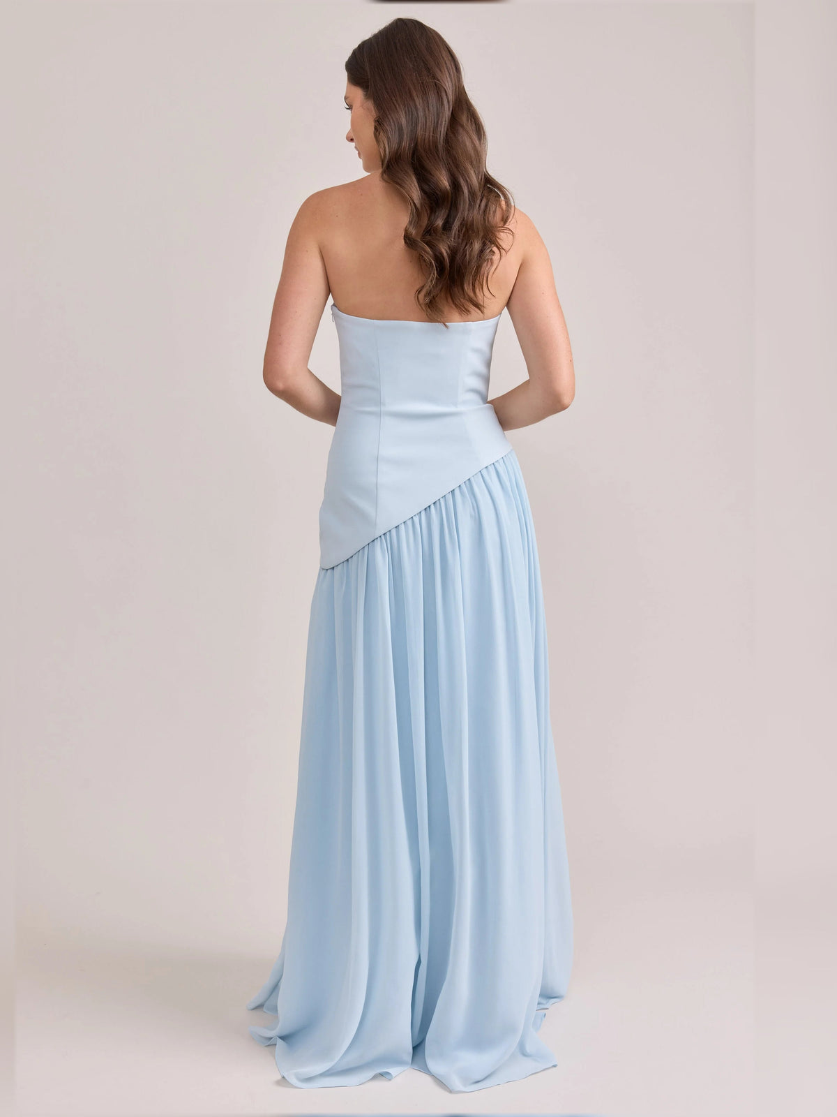 Light sky blue strapless A-line maxi chiffon dress with backless look