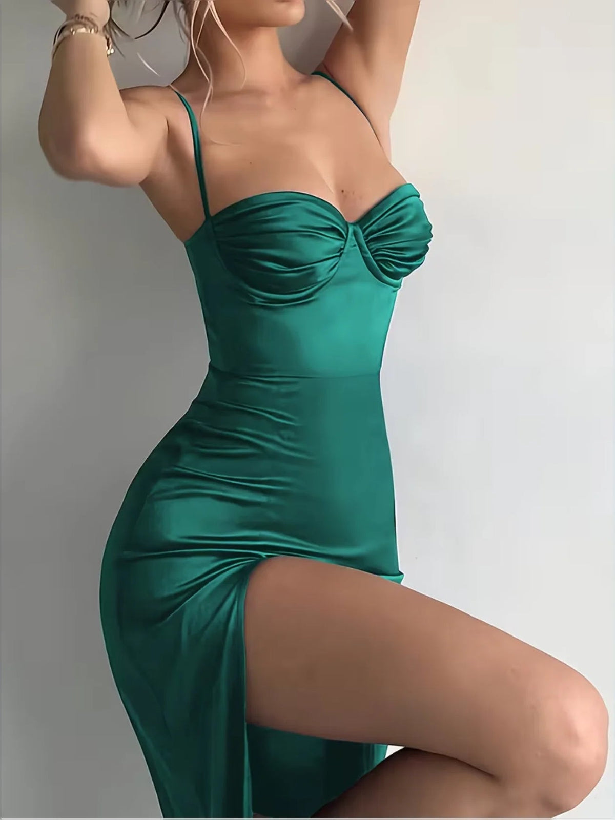Dark green satin sweetheart neckline mermaid wedding dress with ruched bodice and slit