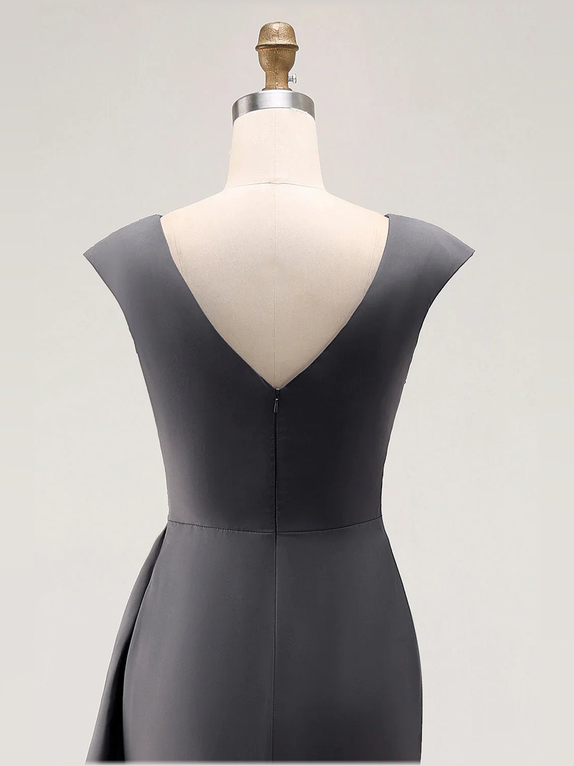 Gray V-back formal dress with ruched bodice and smooth center back panel
