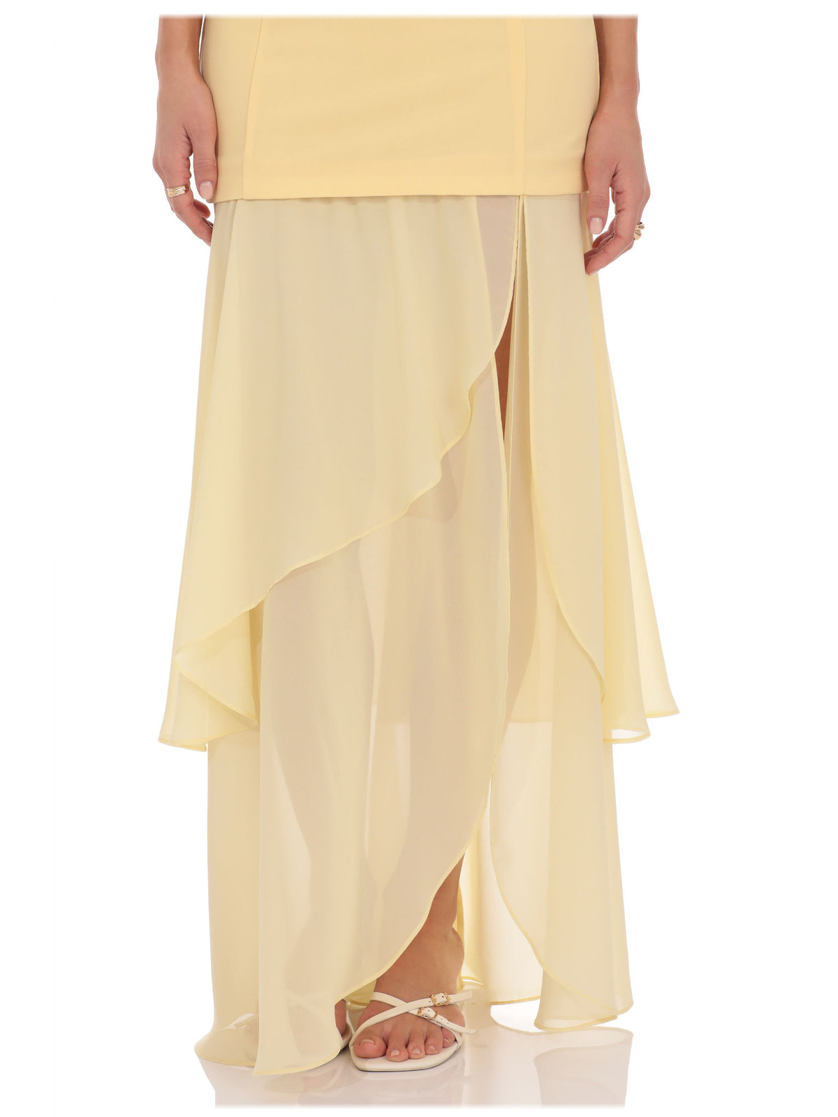 Yellow bridesmaid dress with layered detailing