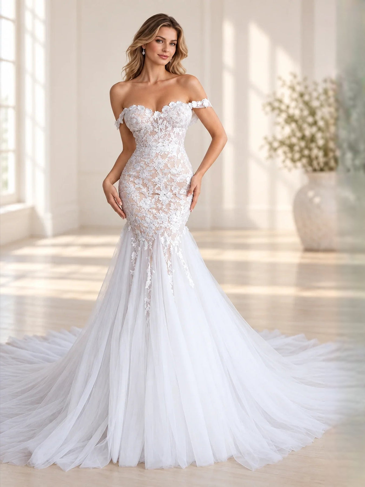 White wedding dress with sweetheart neckline, floral applique bodice, layered mermaid tulle skirt