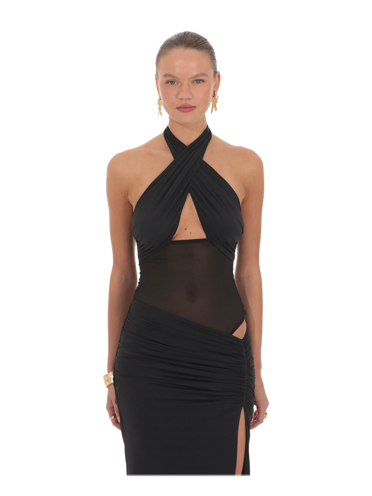 Black bridesmaid dress with a-line detailing