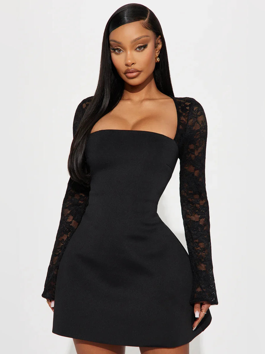 Black square-neck bodycon mini dress with long lace sleeves, front view
