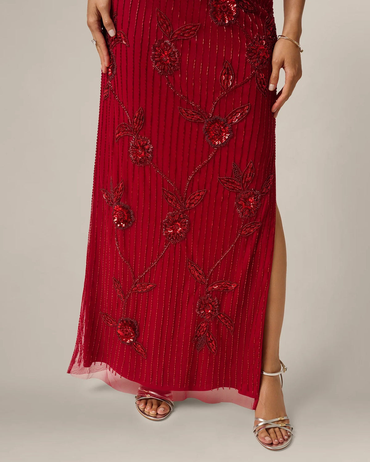 Cranberry floral embellished maxi skirt with front slit and scalloped hem