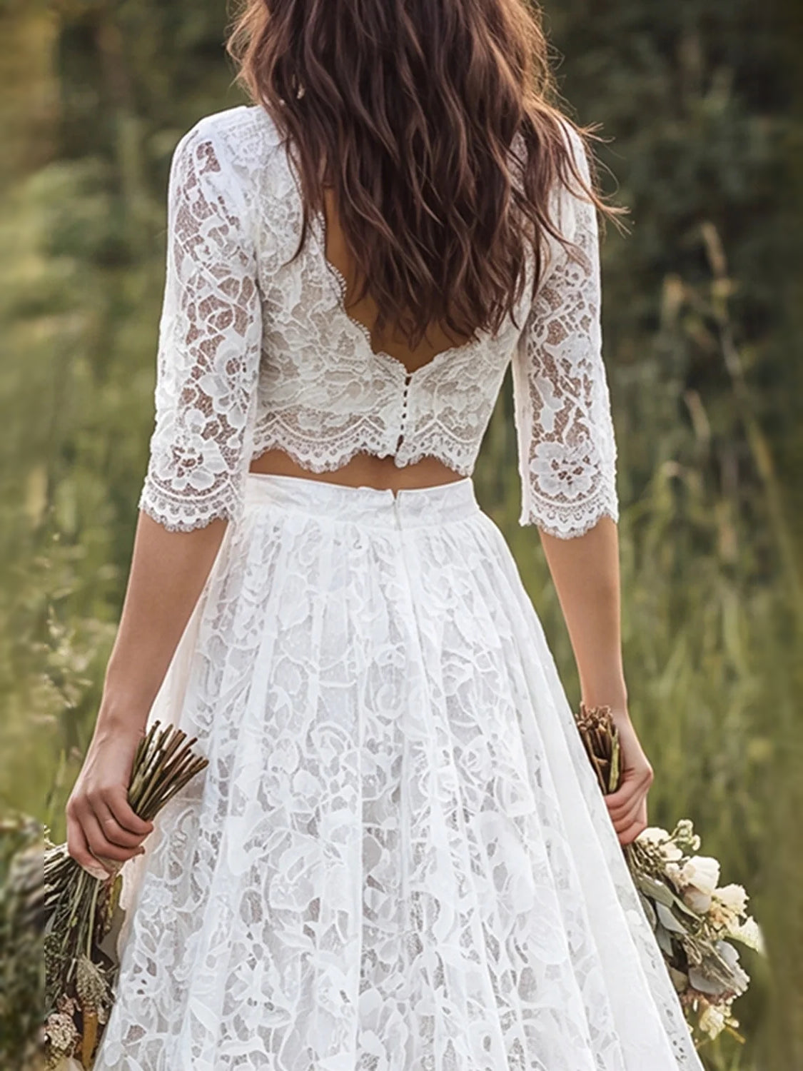 Ivory lace backless V-neck A-line maxi wedding dress with tiered skirt