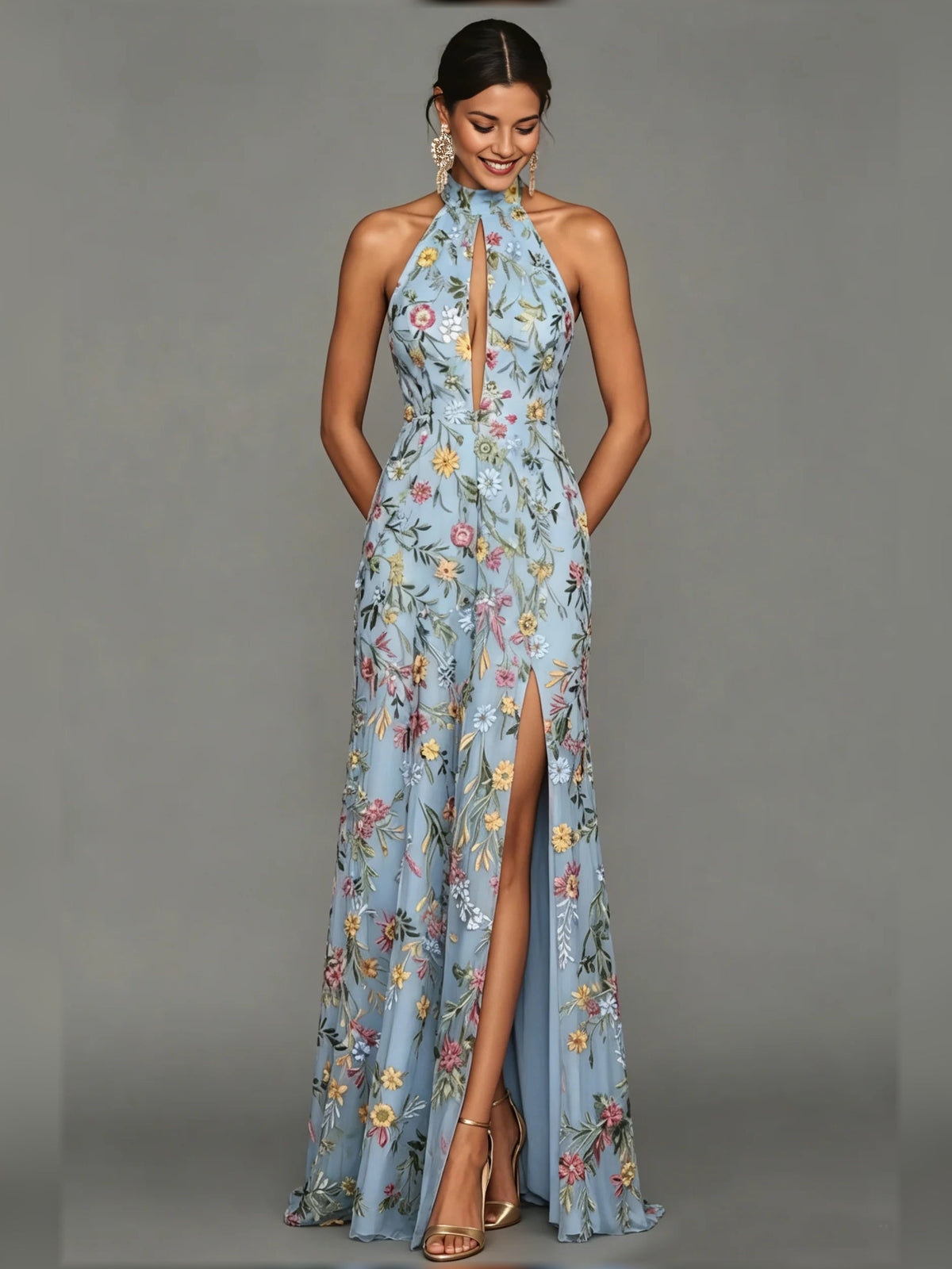 Light blue floral halter neck formal dress with front slit, floor-length